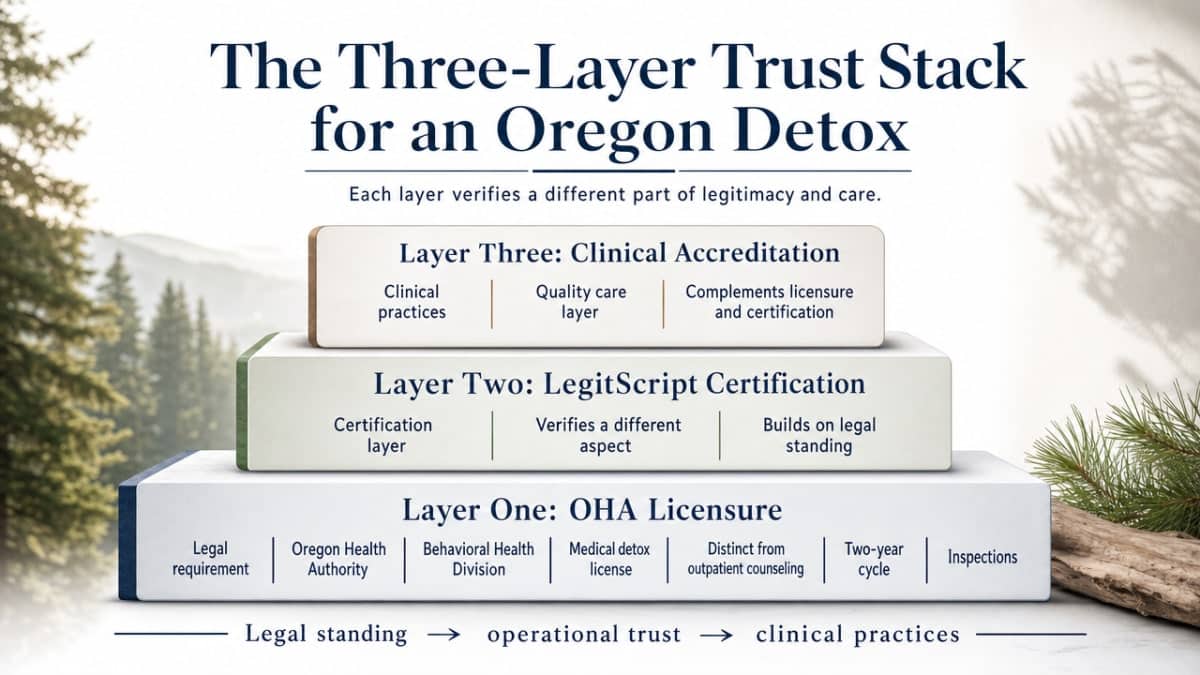 Visualize the three-layer trust stack framework (OHA licensure, LegitScript certification, clinical accreditation) that structures this entire section, showing what each layer verifies and how they complement each other