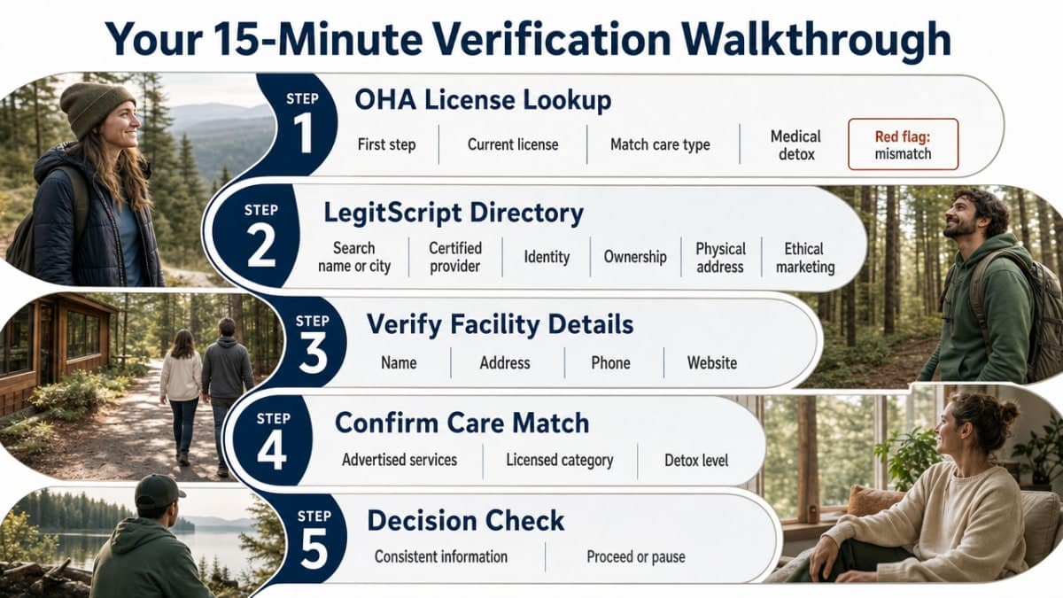 Visualize the 5-step verification workflow described in this section, giving readers a scannable process map they can follow when vetting a facility