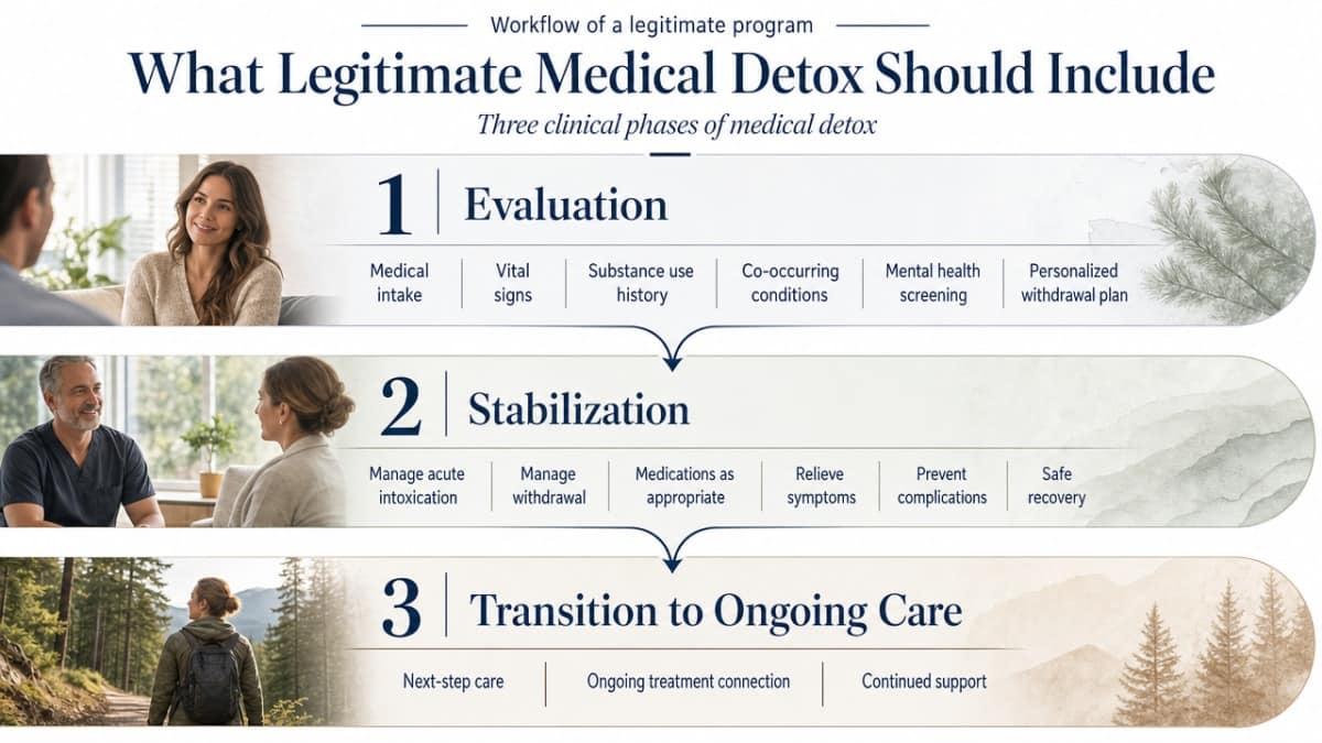 Illustrate the three cited clinical phases of medical detox (evaluation, stabilization, transition to ongoing care) from TIP 45, which this section explains as the workflow of a legitimate program