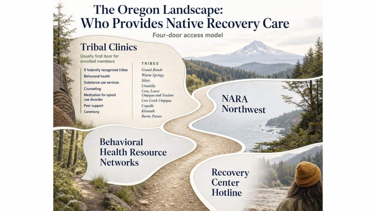 Visualize the four-door access model described in this section: tribal clinics, NARA Northwest, Behavioral Health Resource Networks, and the Recovery Center Hotline, giving readers a clear operating map of entry points