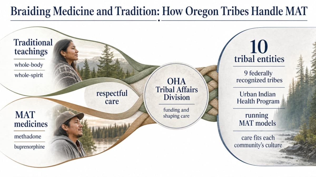 Reinforce the section's central statistic that all nine federally recognized tribes plus the Urban Indian Health Program (ten entities total) are implementing MAT models in Oregon