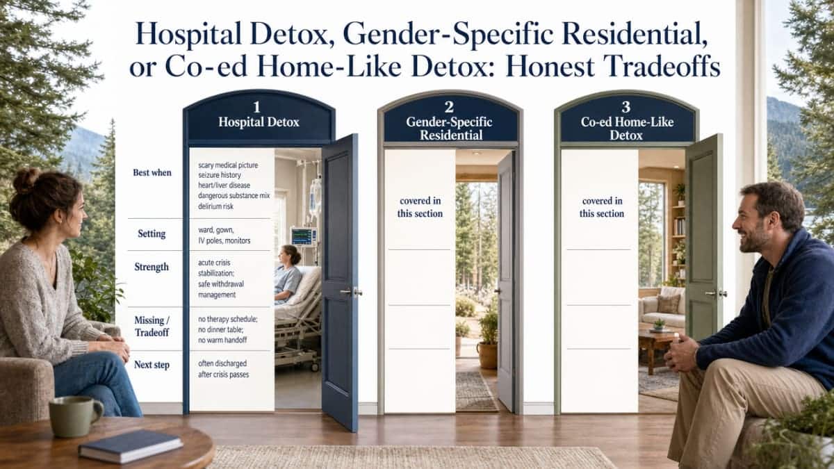 Compare the three detox options discussed in this section across key dimensions to help readers evaluate tradeoffs