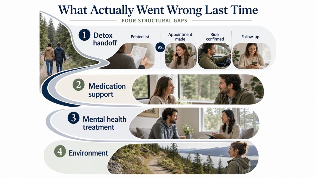 Visualize the four structural gaps the section explicitly enumerates (detox handoff, medication support, mental health treatment, environment), giving readers a scannable framework that mirrors the subsections