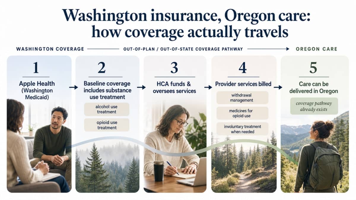 Visualize the five-step out-of-plan / out-of-state coverage pathway explicitly described in the 'Out-of-plan and out-of-state pathways that already exist' subsection