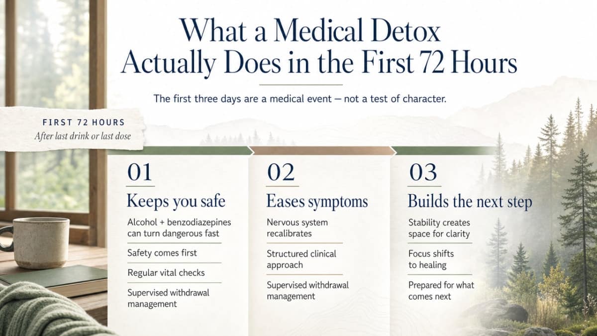 Visualize the three functions of medical detox in the first 72 hours as described in the section: keep the patient safe, ease symptoms with medication, and begin planning the next step of care