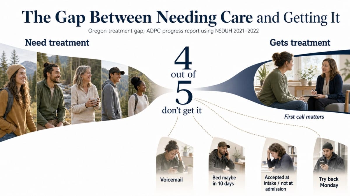 Visualize the four-out-of-five treatment gap cited from the ADPC 2024 progress report, reinforcing the section's central statistic