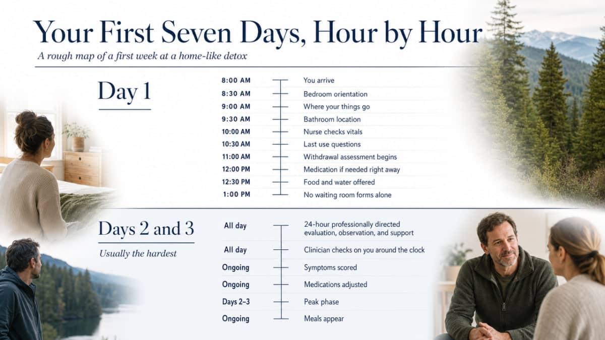 Visualize the day-by-day detox journey described in the section, giving readers a clear map of what to expect across the seven-day stay