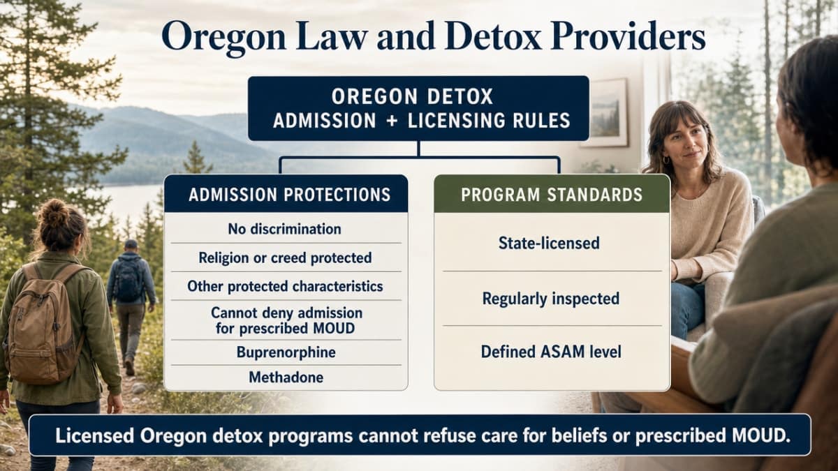 Summarize the Oregon regulatory framework governing detox admission and licensing described in this section, giving readers a clear reference of the rules cited