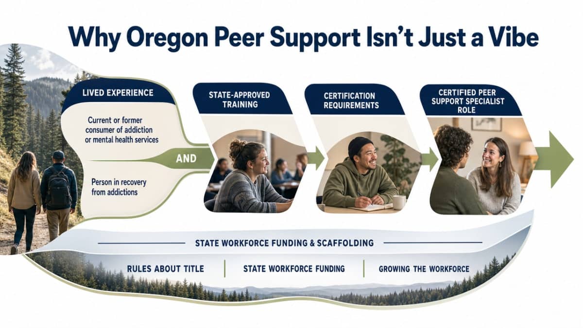 Visualize the Oregon Peer Support Specialist credentialing pathway described in this section, showing how lived experience combines with state-approved training, certification, and workforce funding