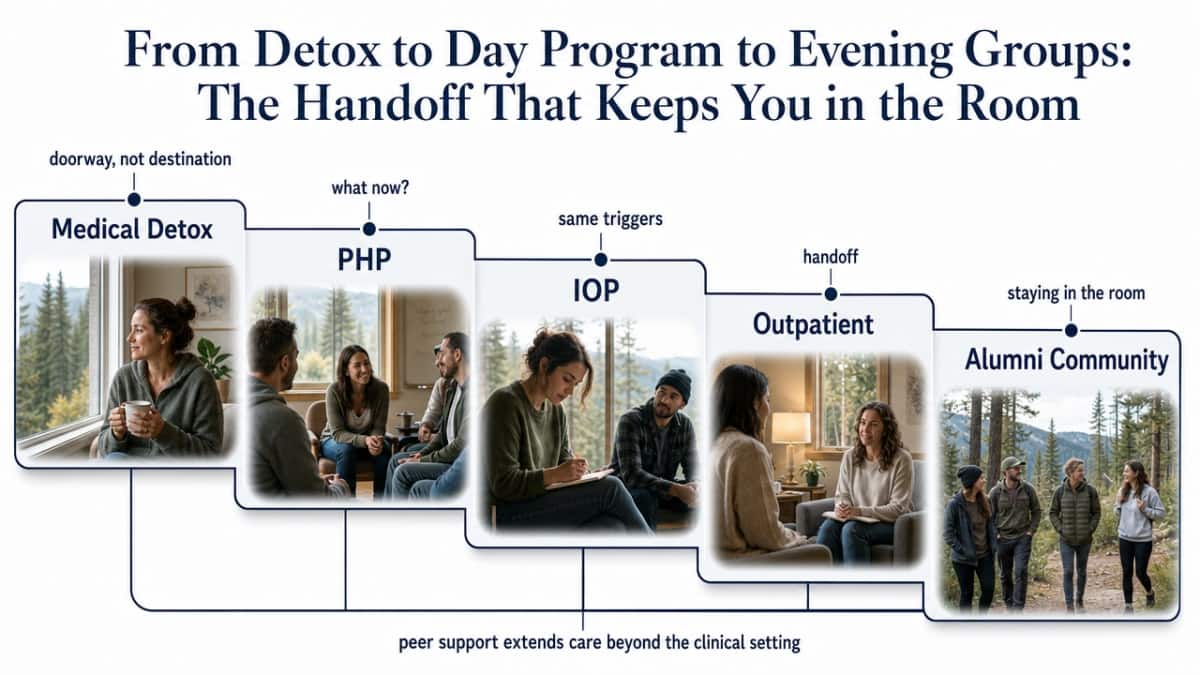 Visualize the continuum-of-care step-down path described in this section, from medical detox through PHP, IOP, outpatient, and alumni community