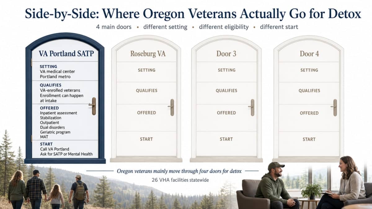 Turn the four-door comparison table into a scannable visual comparison of Oregon's main veteran detox access points, mirroring the article's cited table