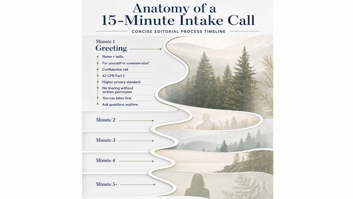 Visualize the five-stage minute-by-minute intake call structure described in this section as a process infographic timeline