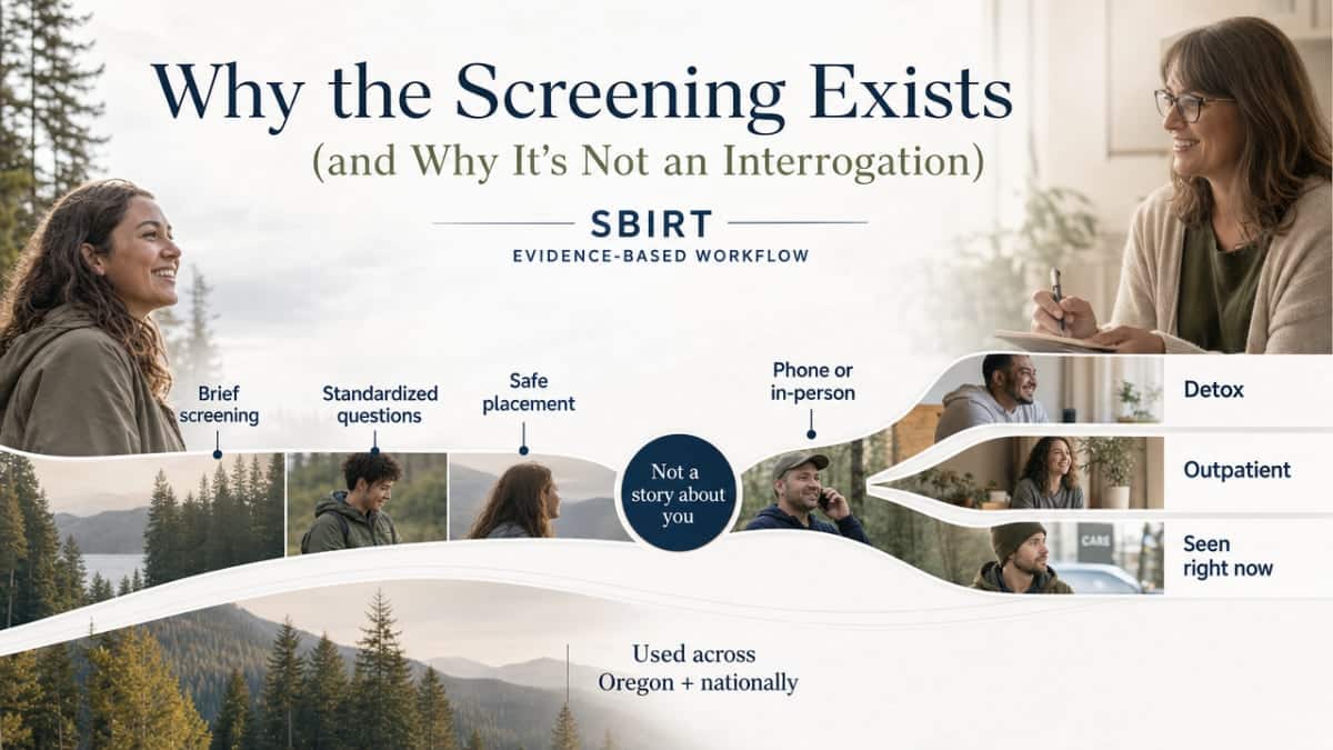 Support the section's cited statistics on the near-universal use of pre-treatment substance use screening in Oregon and nationally