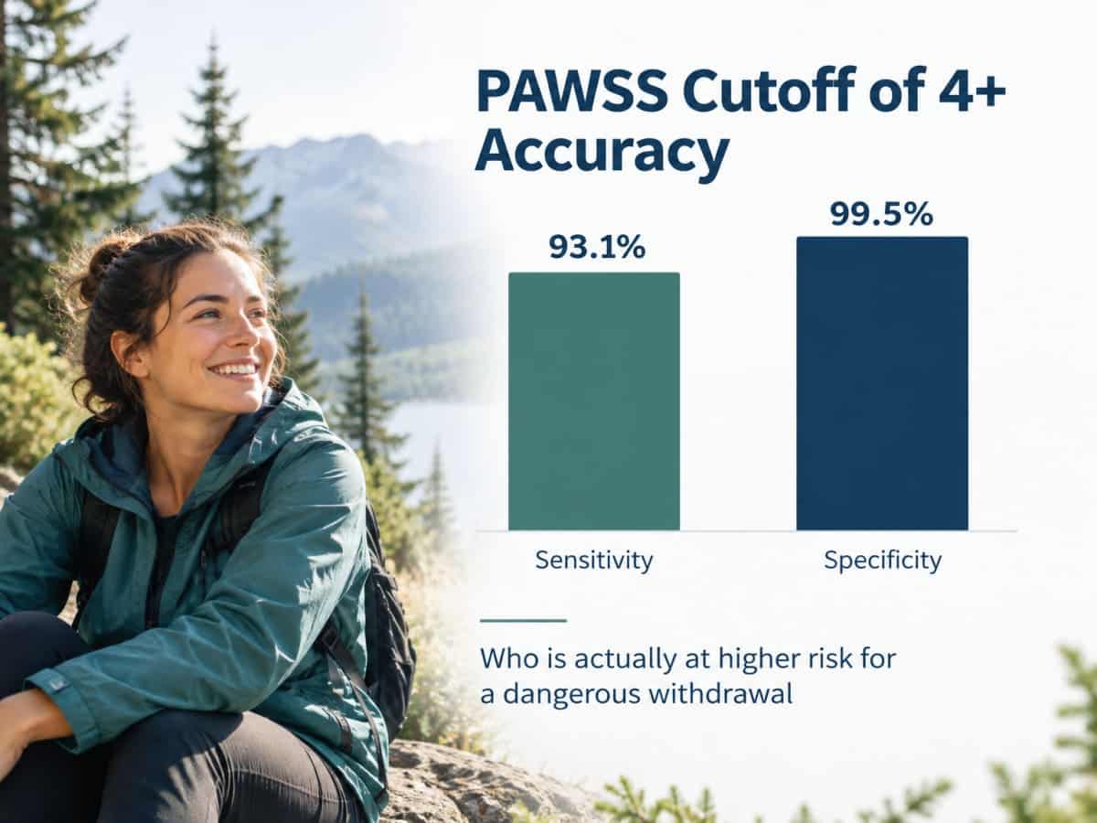 Bar chart of PAWSS sensitivity 93.1% and specificity 99.5% for alcohol withdrawal risk