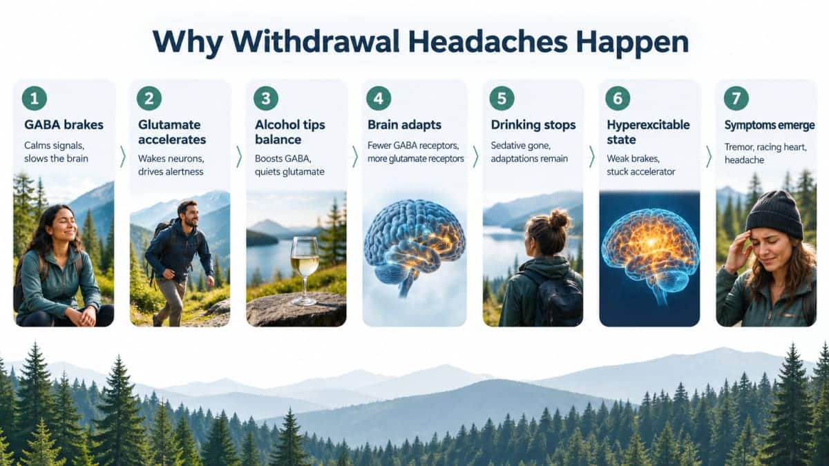 Seven-step infographic showing why alcohol withdrawal can cause headaches via GABA and glutamate rebound