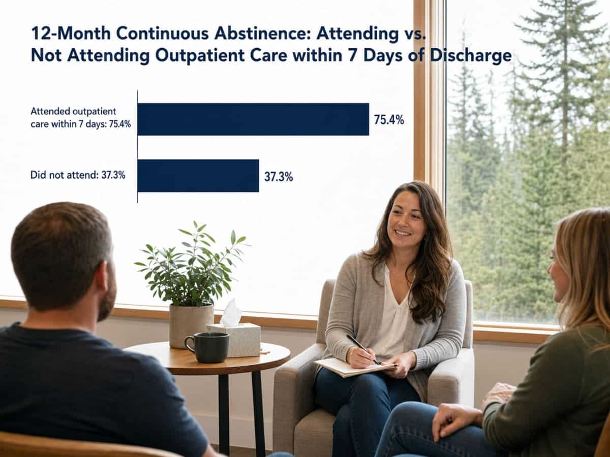 Chart showing 12-Month Continuous Abstinence: Attending vs. Not Attending Outpatient Care within 7 Days of Discharge
