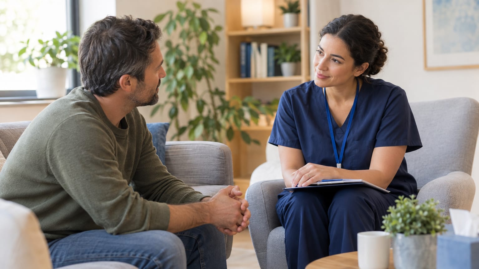 Male patient speaking with a female clinician in navy scrubs during a counseling session.