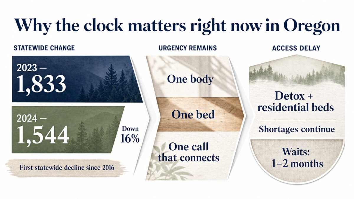 Visualize the cited year-over-year decline in Oregon drug-overdose deaths that anchors this section's argument about urgency and progress