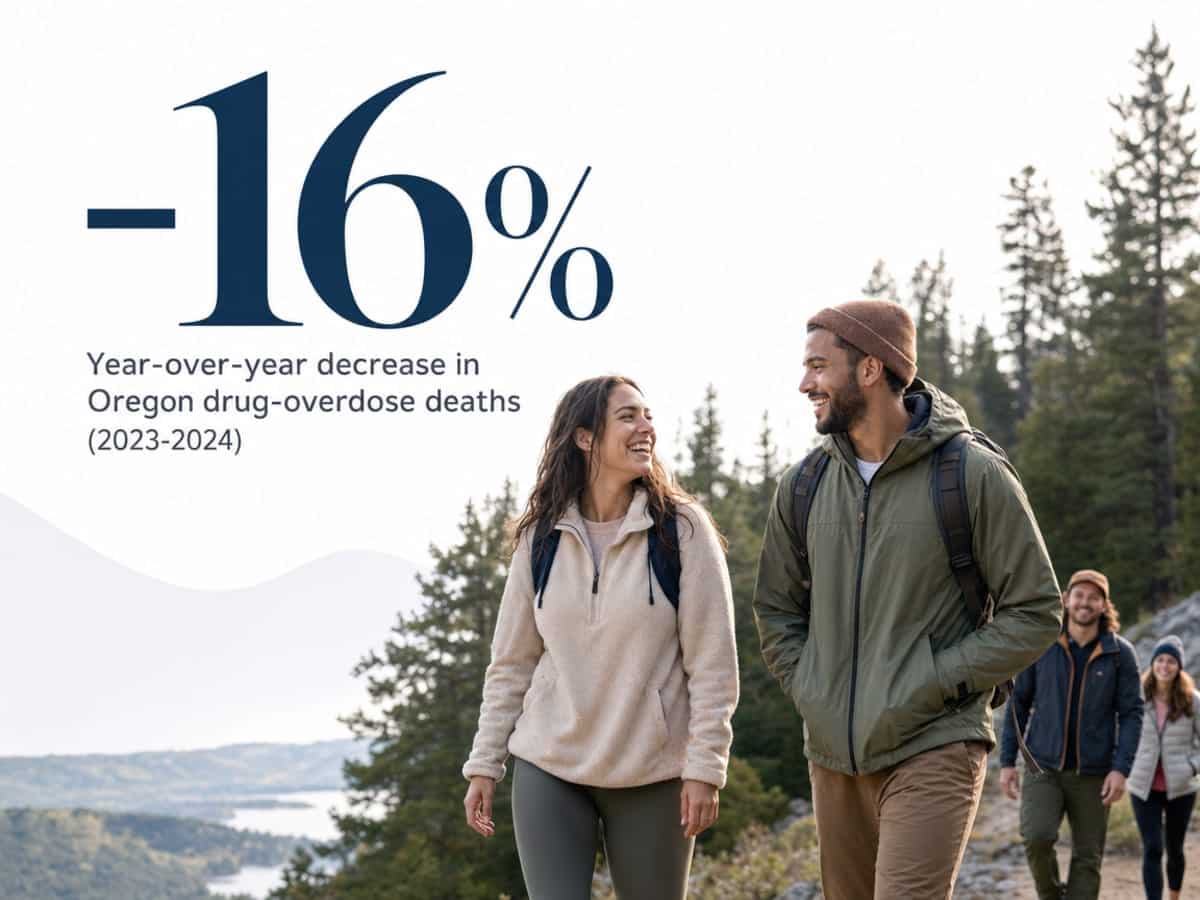 Infographic showing Year-over-year decrease in Oregon drug-overdose deaths (2023-2024)