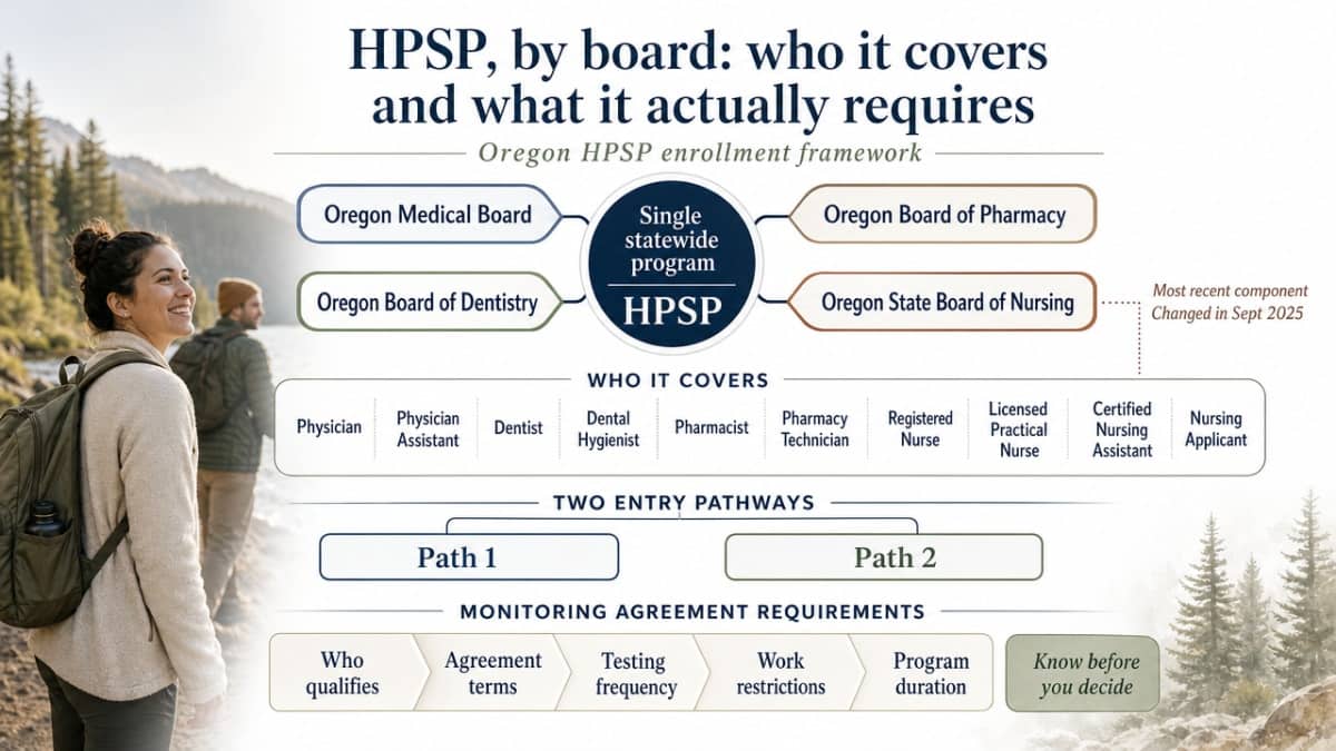 Visualize the HPSP enrollment framework described in this section: the four participating Oregon boards, the two entry pathways, and the monitoring agreement requirements