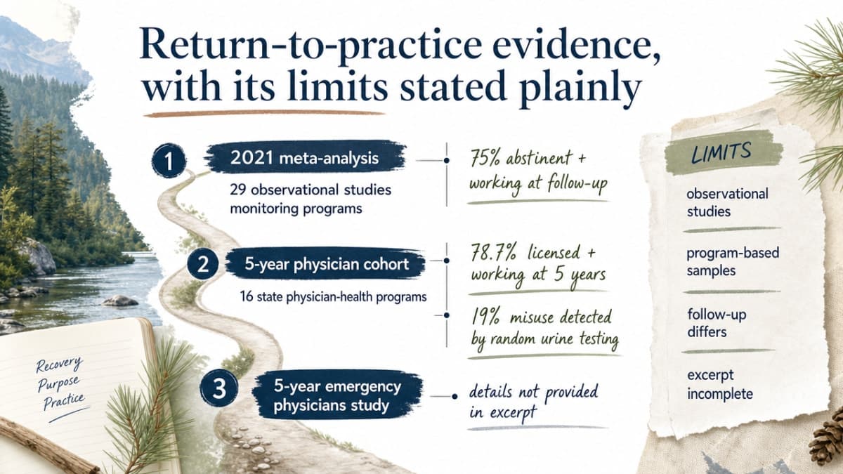 Compare the three return-to-practice outcome statistics cited in this section from monitoring program studies