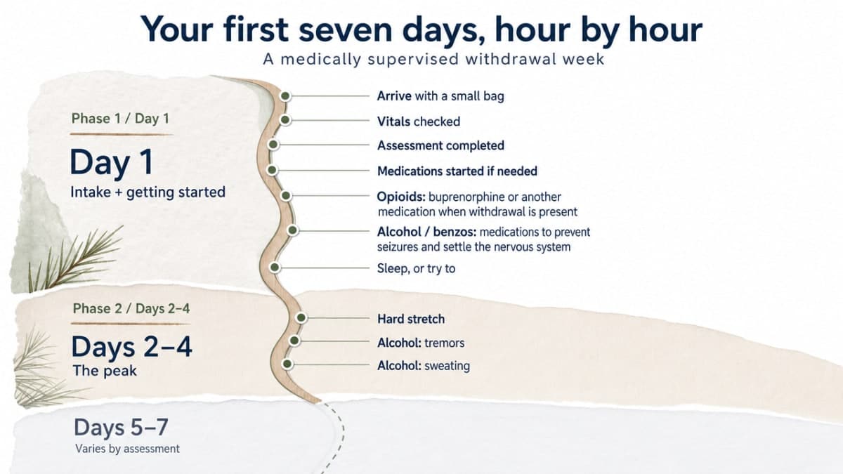 Visualize the day-by-day withdrawal management timeline described in this section as a process infographic, helping readers see what each phase of the medically supervised week involves