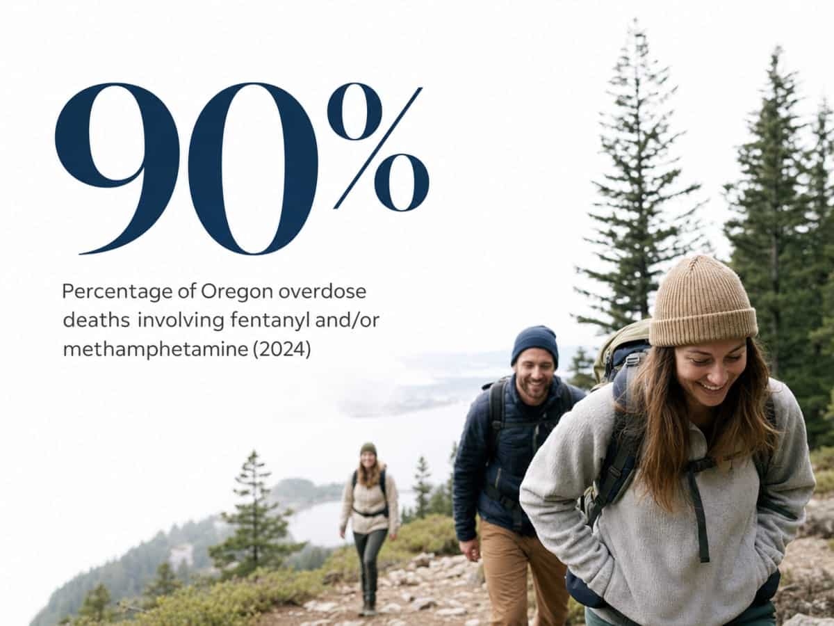 Infographic showing Percentage of Oregon overdose deaths involving fentanyl and/or methamphetamine (2024)