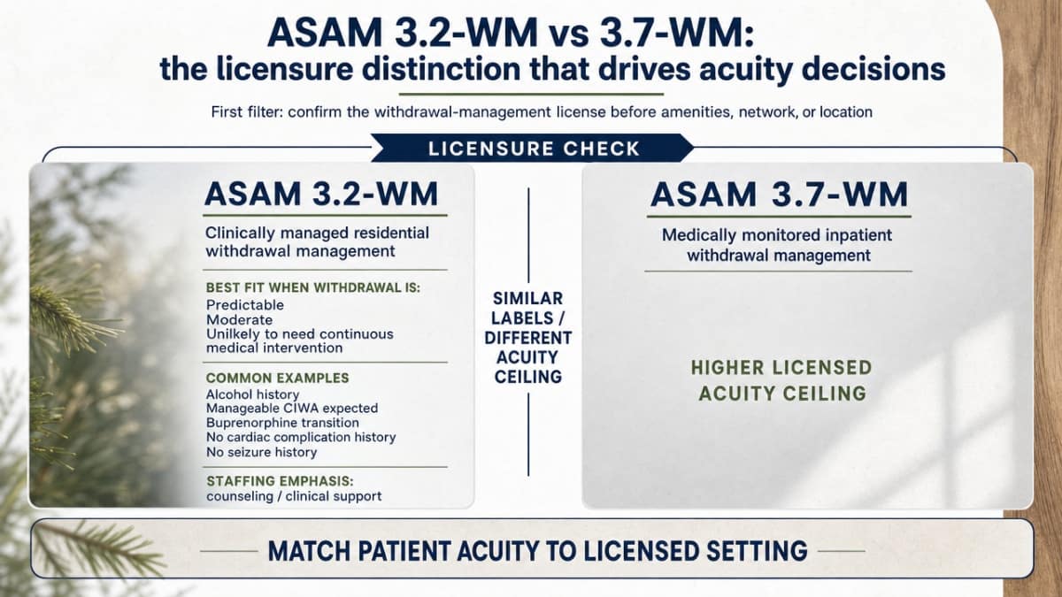 Side-by-side comparison of the two Oregon-licensed withdrawal management levels to help referring clinicians match patient acuity to setting, directly supporting the section's licensure distinction