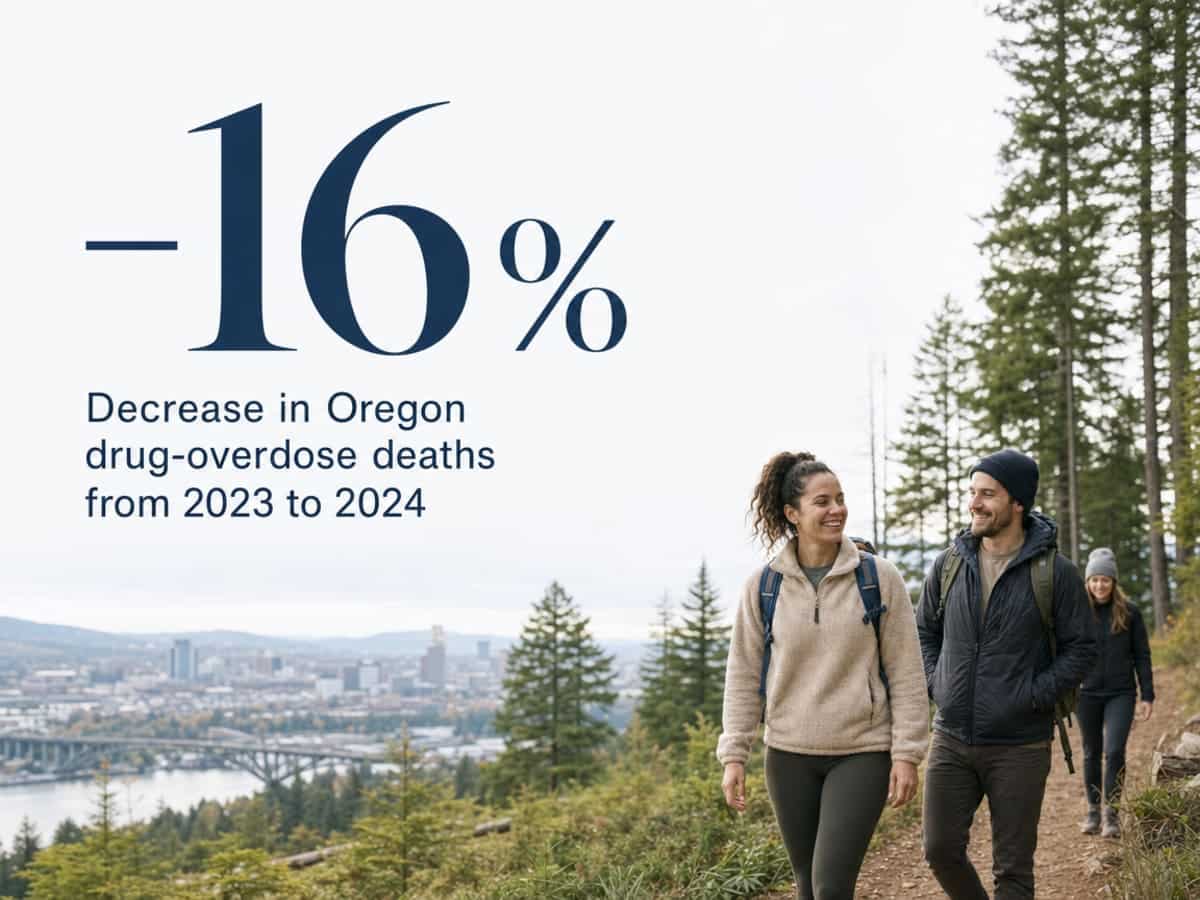 Infographic showing Decrease in Oregon drug-overdose deaths from 2023 to 2024