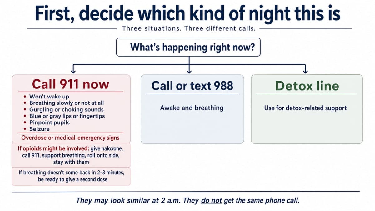 Visualize the three-tier triage decision (911 vs 988 vs detox line) explained in this section, giving parents a scannable decision reference that mirrors the article's exact guidance